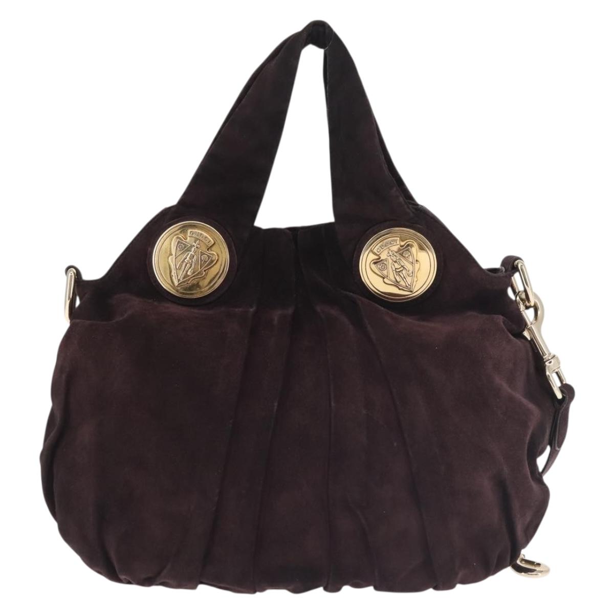 GUCCI Hand Bag Suede 2way Brown Gold 203486 Auth hk3084