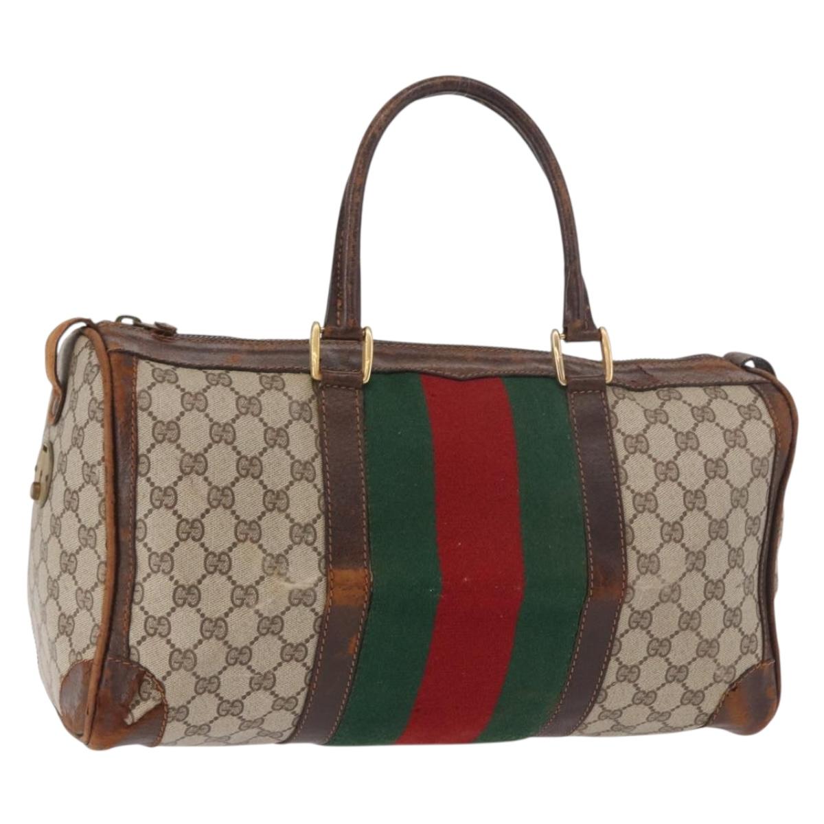 GUCCI GG Supreme Web Sherry Line Boston Bag PVC Beige Gold Red Auth hk3095