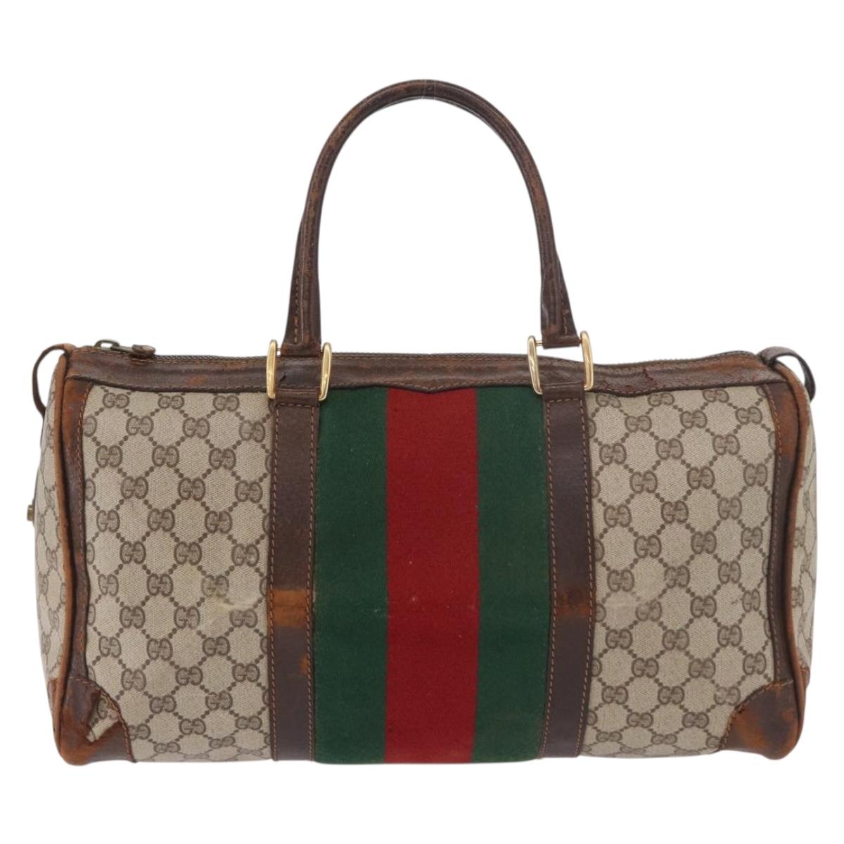 GUCCI GG Supreme Web Sherry Line Boston Bag PVC Beige Gold Red Auth hk3095