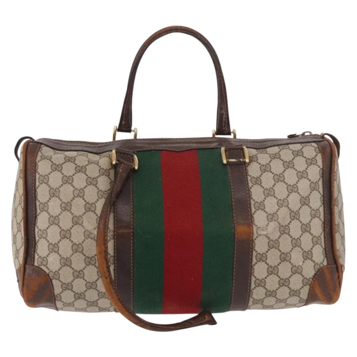GUCCI GG Supreme Web Sherry Line Boston Bag PVC Beige Gold Red Auth hk3095