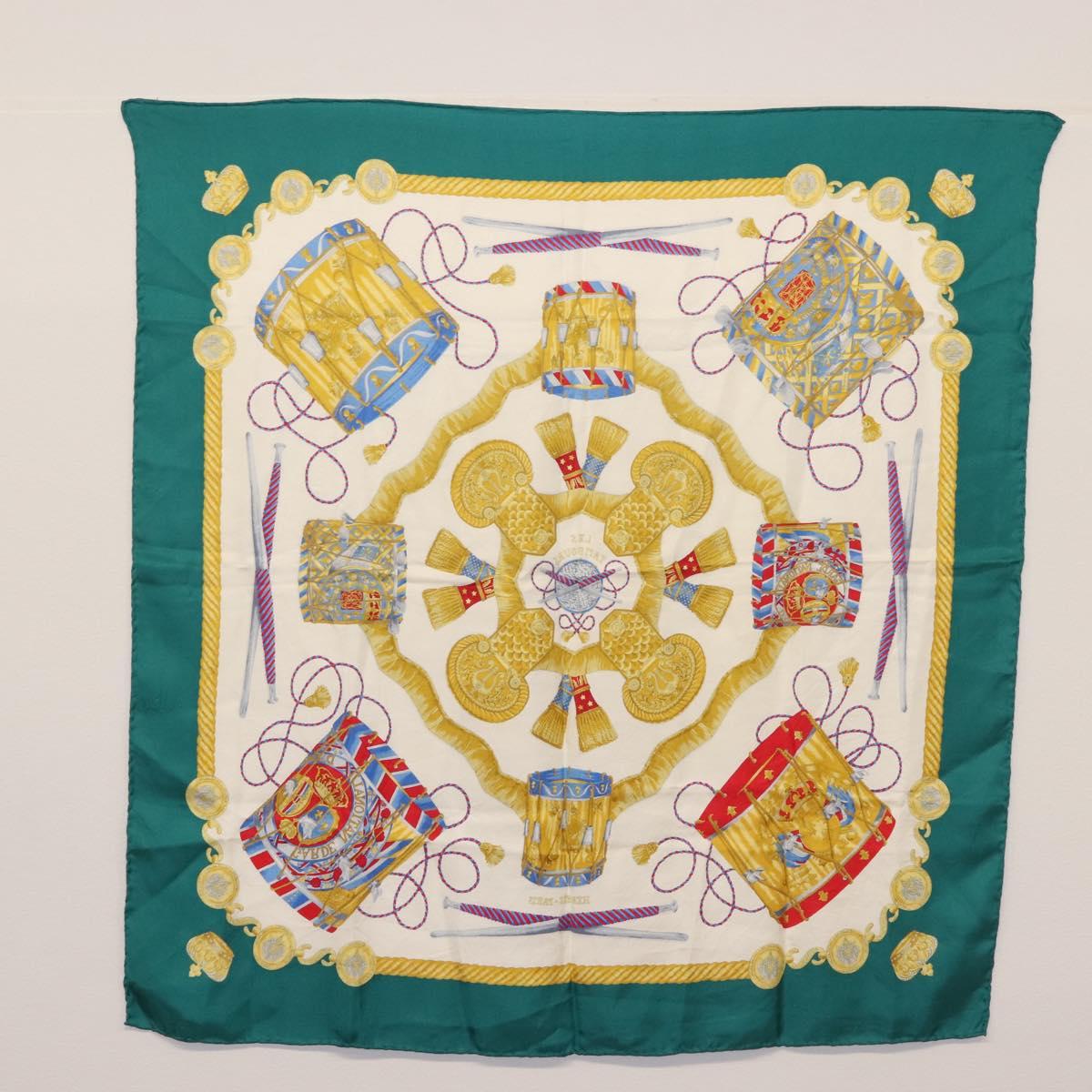 HERMES Carre 90 Scarf ""LES TAMBOURS"" Silk Green Auth hk3098