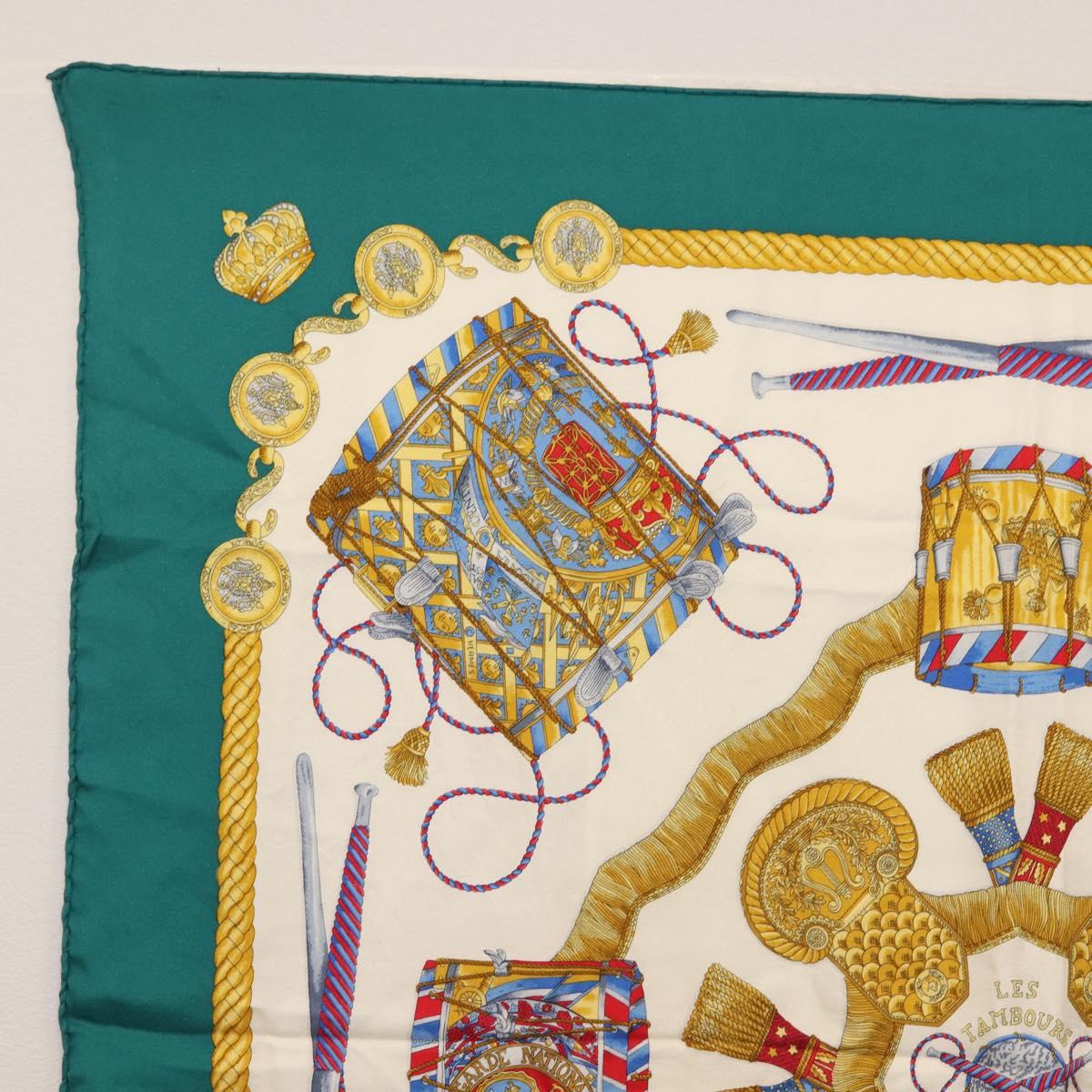 HERMES Carre 90 Scarf ""LES TAMBOURS"" Silk Green Auth hk3098