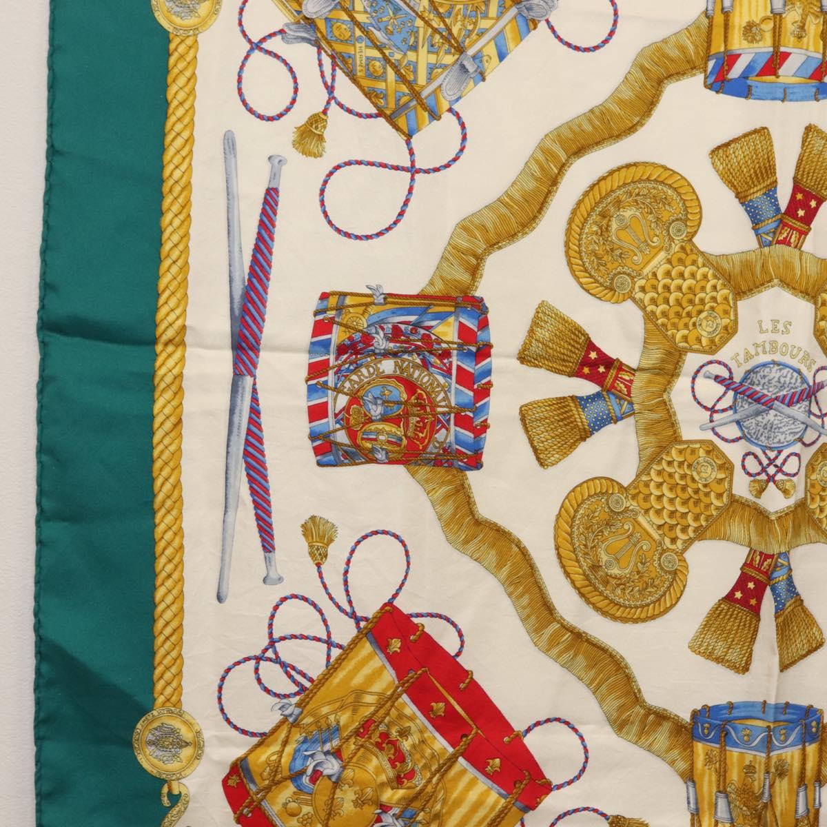 HERMES Carre 90 Scarf ""LES TAMBOURS"" Silk Green Auth hk3098