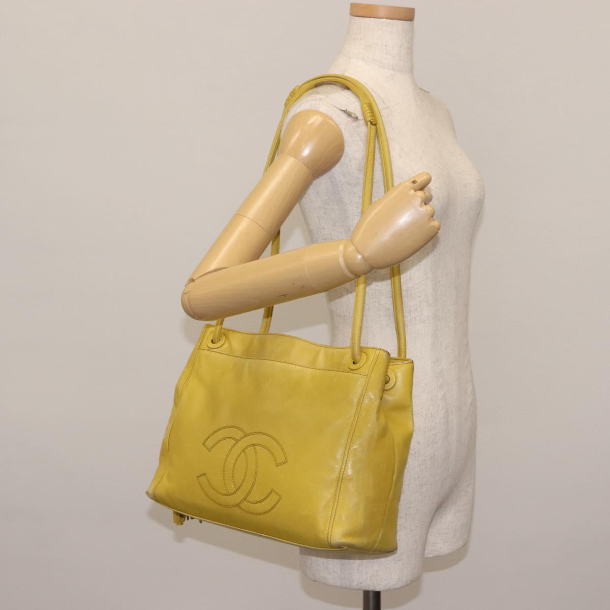 CHANEL COCO Mark Shoulder Bag Leather Yellow CC Auth hk3101