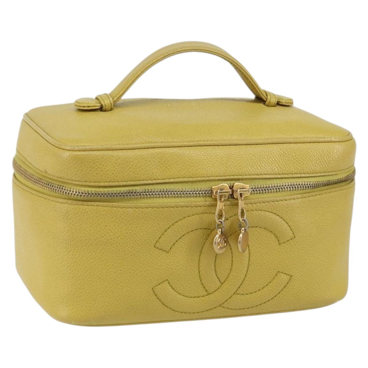 CHANEL COCO Mark Vanity Hand Bag Caviar Skin Yellow Gold CC Auth hk3102