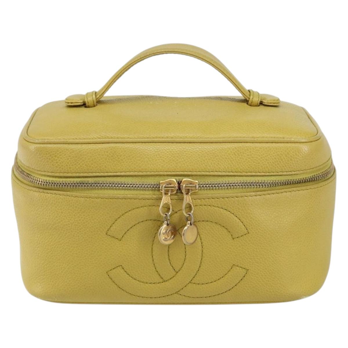 CHANEL COCO Mark Vanity Hand Bag Caviar Skin Yellow Gold CC Auth hk3102