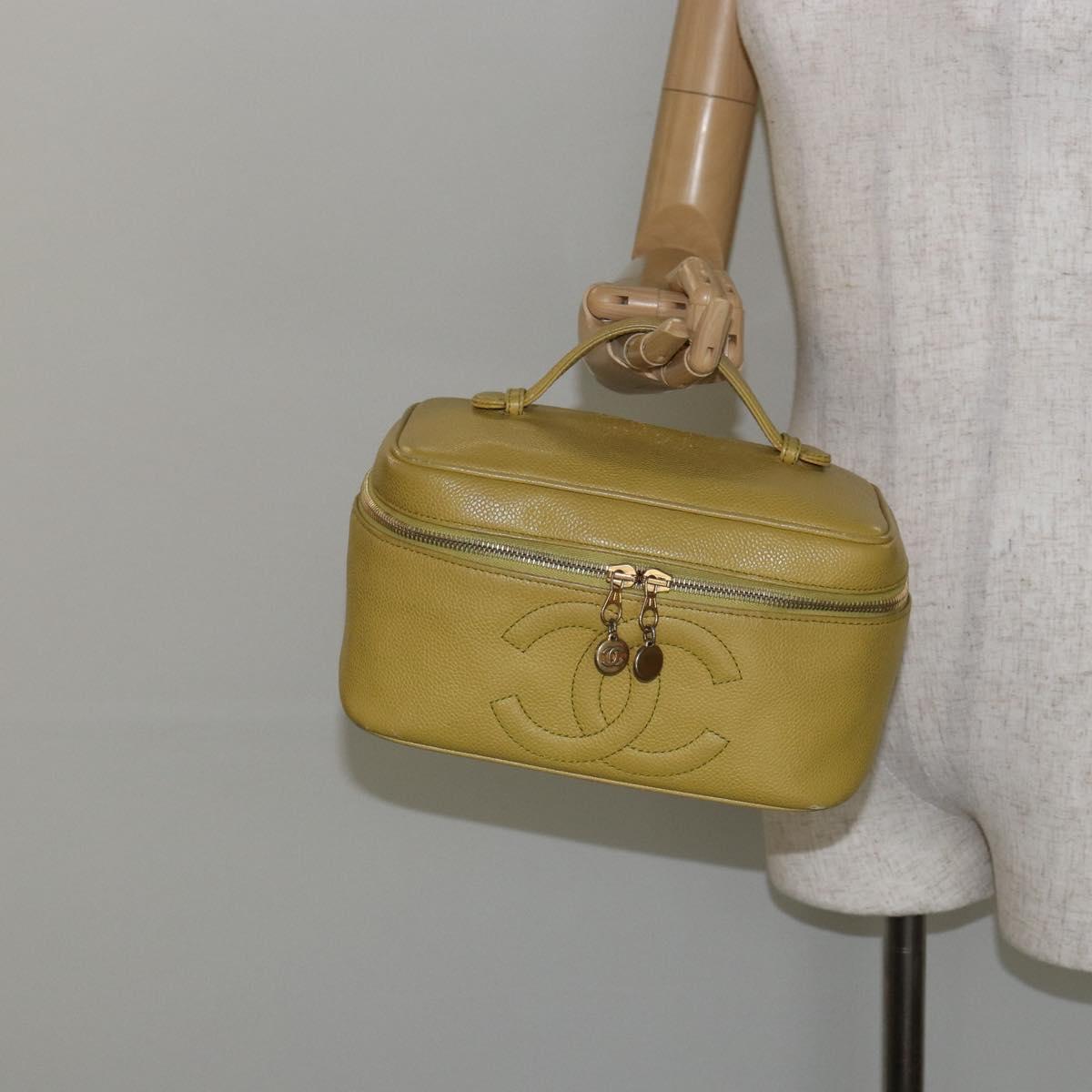 CHANEL COCO Mark Vanity Hand Bag Caviar Skin Yellow Gold CC Auth hk3102