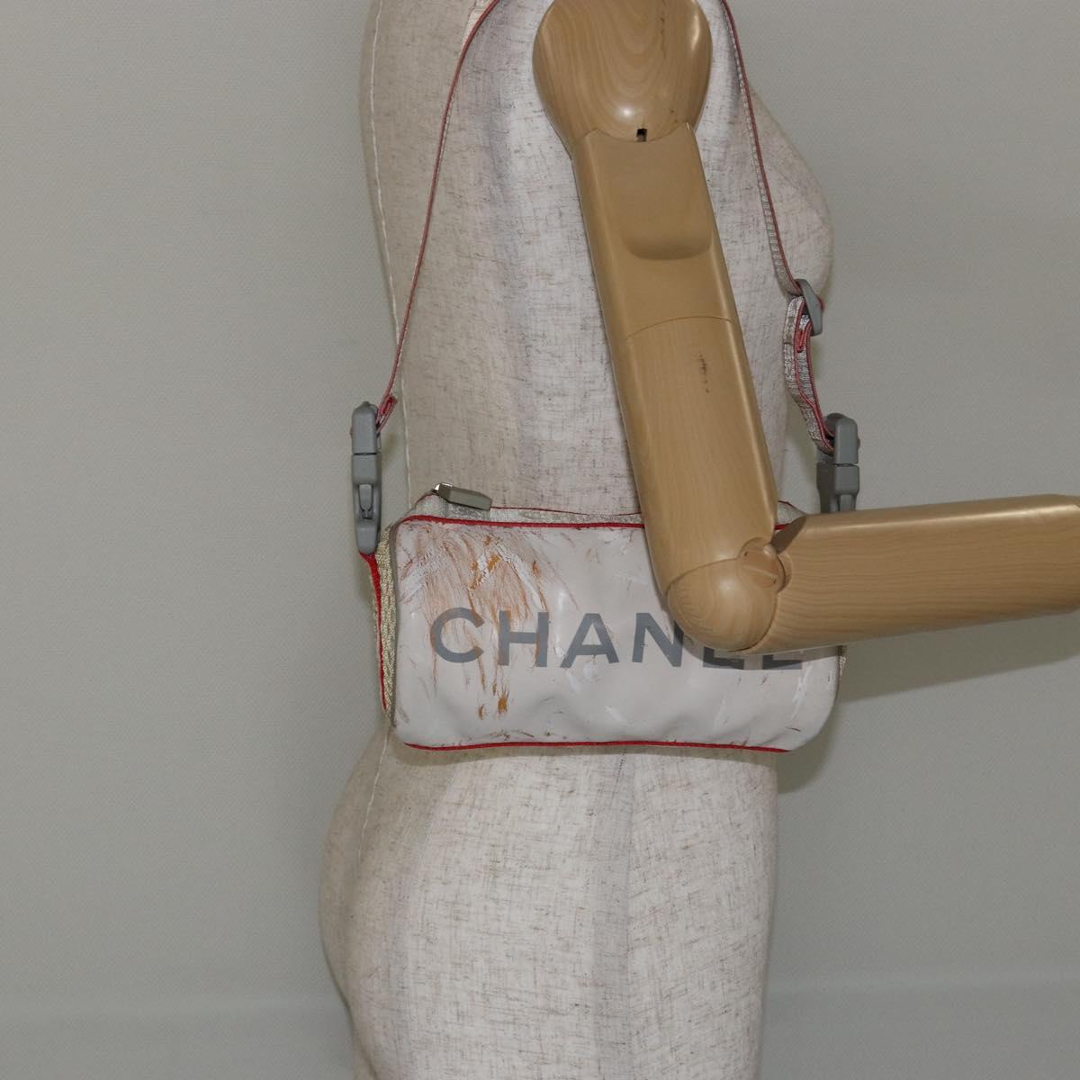 CHANEL Sports Shoulder Bag PVC Canvas White Silver CC Auth hk3105