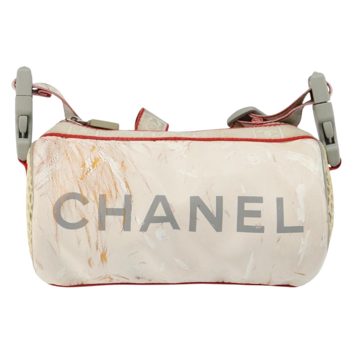 CHANEL Sports Shoulder Bag PVC Canvas White Silver CC Auth hk3105