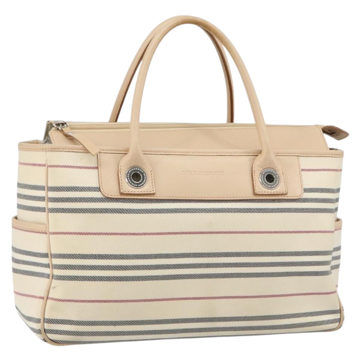 BURBERRY Tote Bag Canvas Ivory Silver Auth hk3108