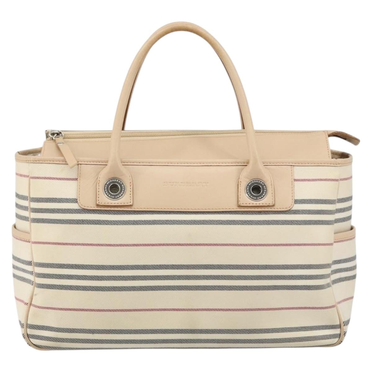 BURBERRY Tote Bag Canvas Ivory Silver Auth hk3108