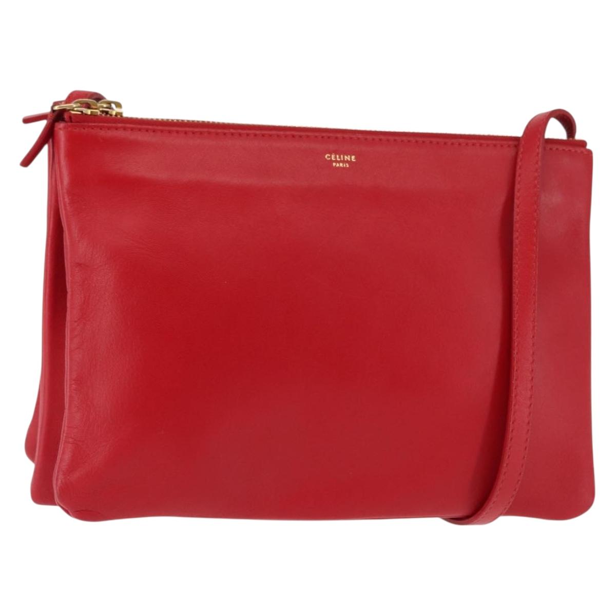 CELINE Trio large Shoulder Bag Leather Red Gold Auth hk3112