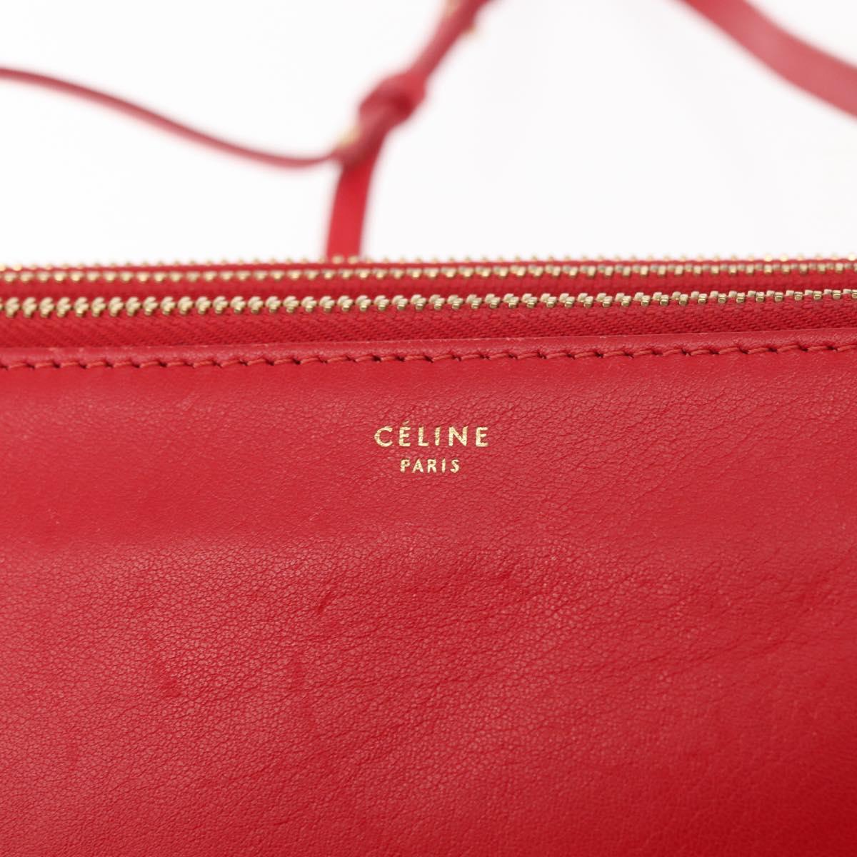 CELINE Trio large Shoulder Bag Leather Red Gold Auth hk3112