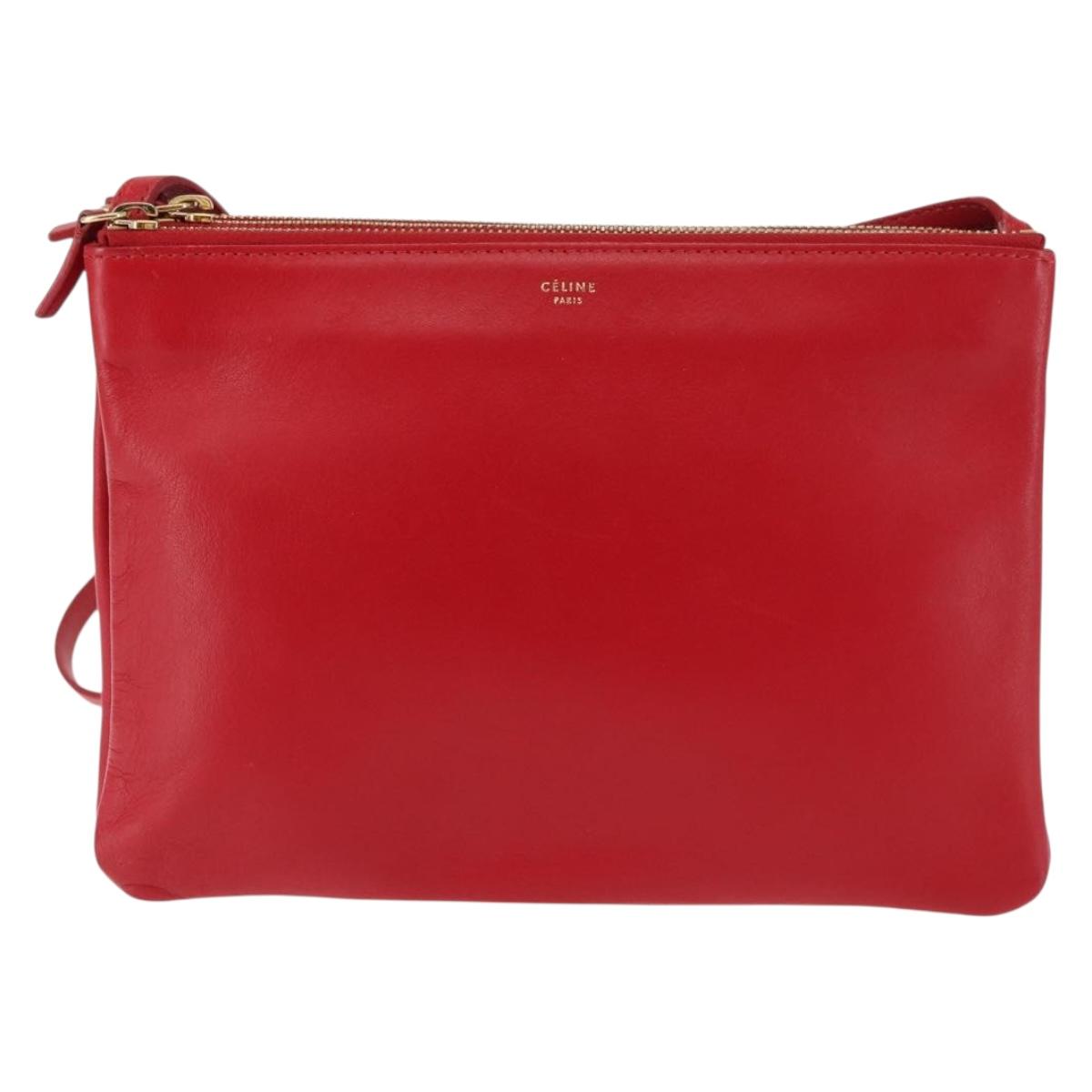 CELINE Trio large Shoulder Bag Leather Red Gold Auth hk3112