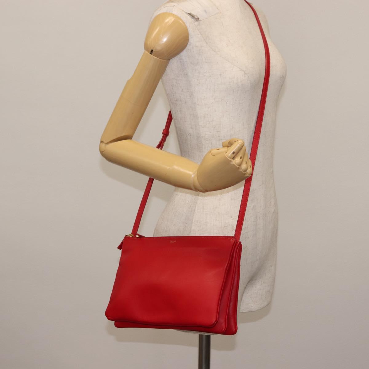 CELINE Trio large Shoulder Bag Leather Red Gold Auth hk3112