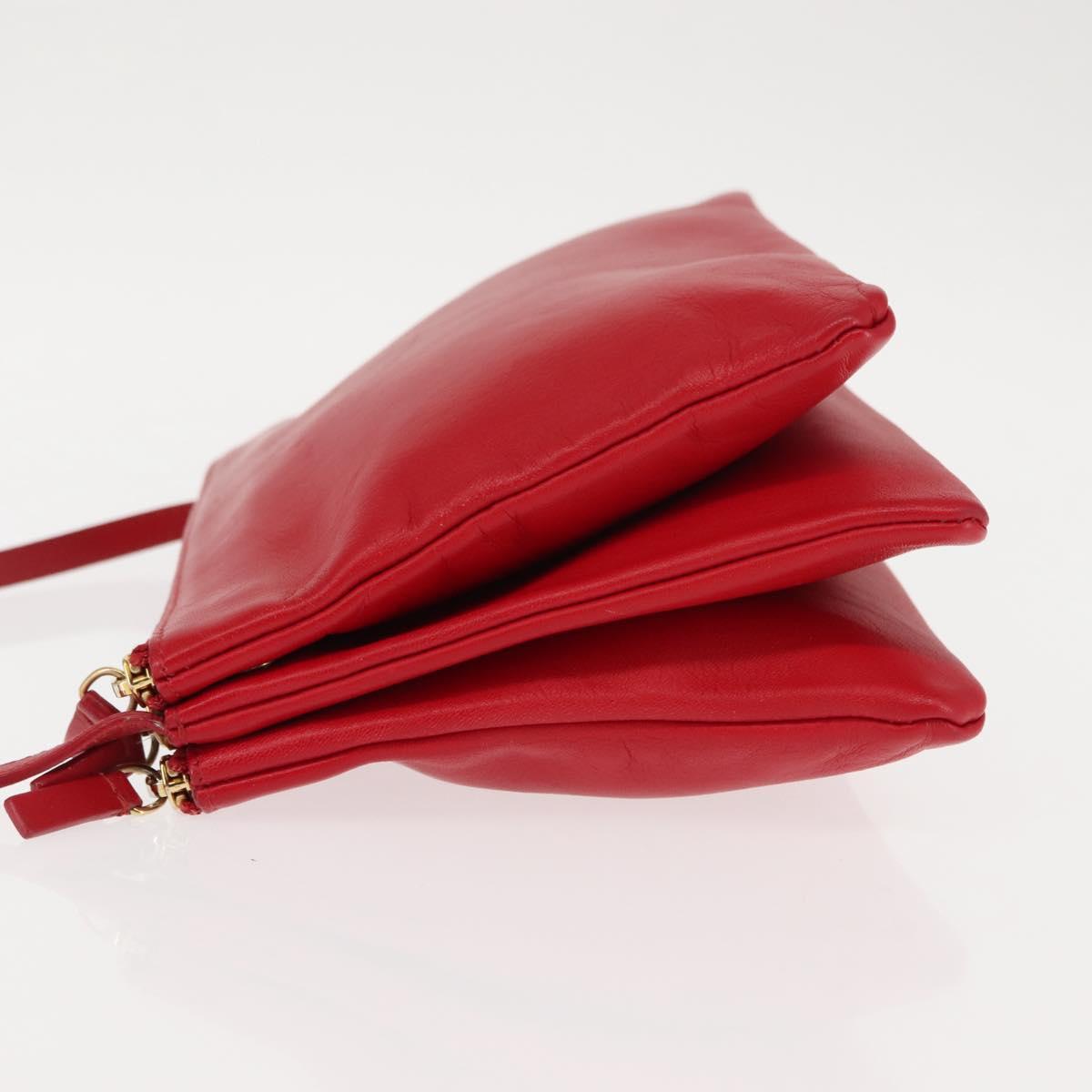 CELINE Trio large Shoulder Bag Leather Red Gold Auth hk3112