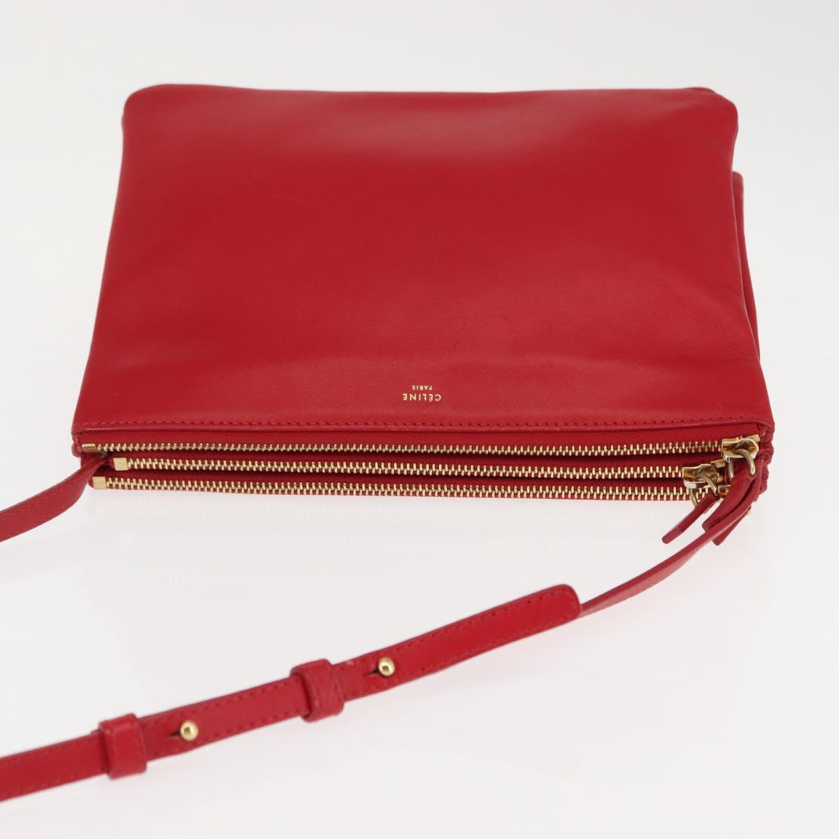 CELINE Trio large Shoulder Bag Leather Red Gold Auth hk3112