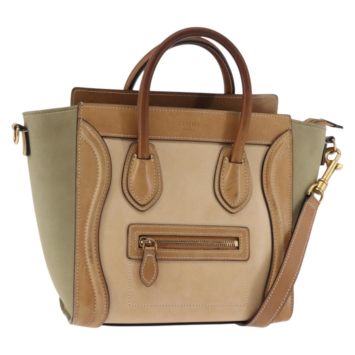 CELINE Luggage Nano Hand Bag Leather 2way Beige Auth hk3114
