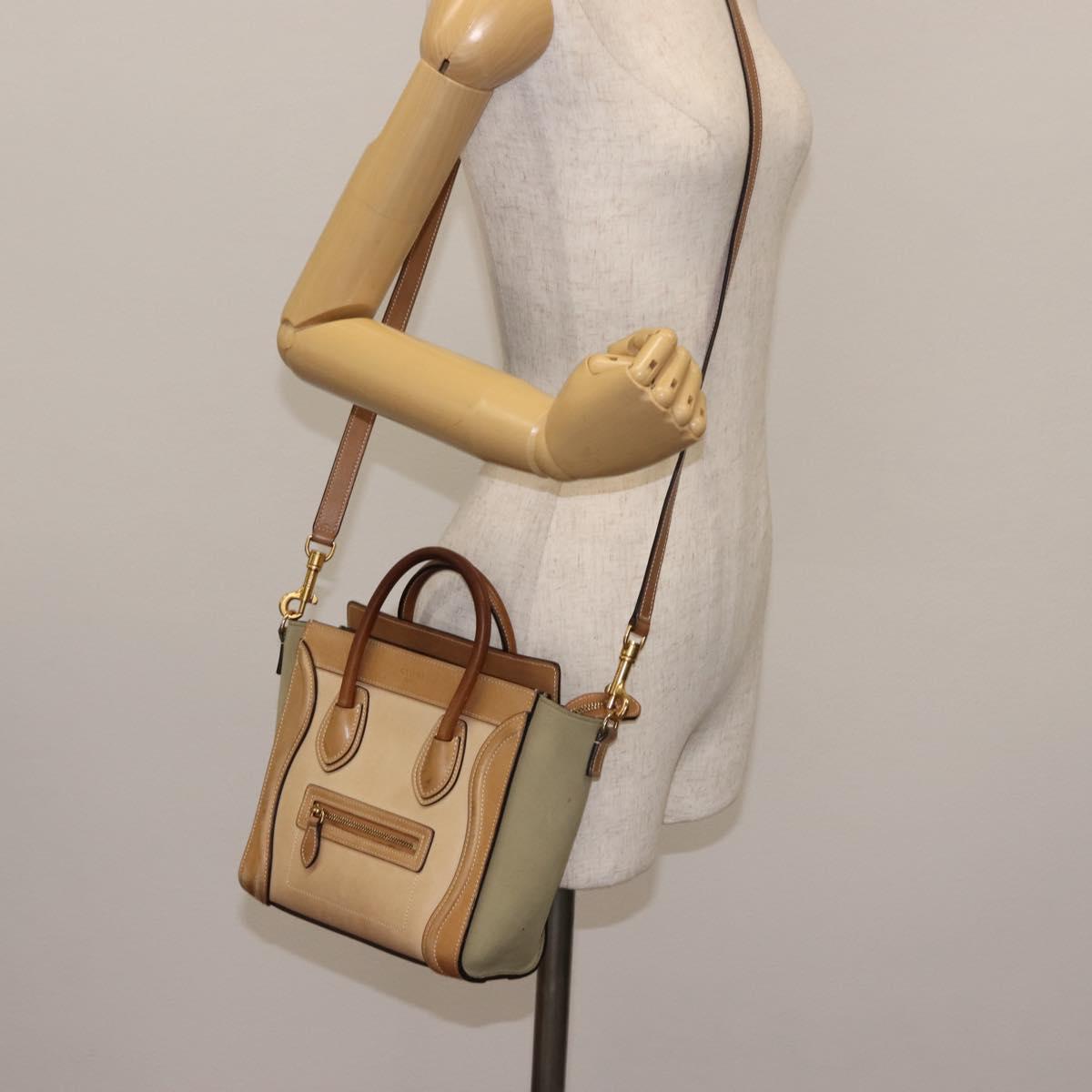 CELINE Luggage Nano Hand Bag Leather 2way Beige Auth hk3114