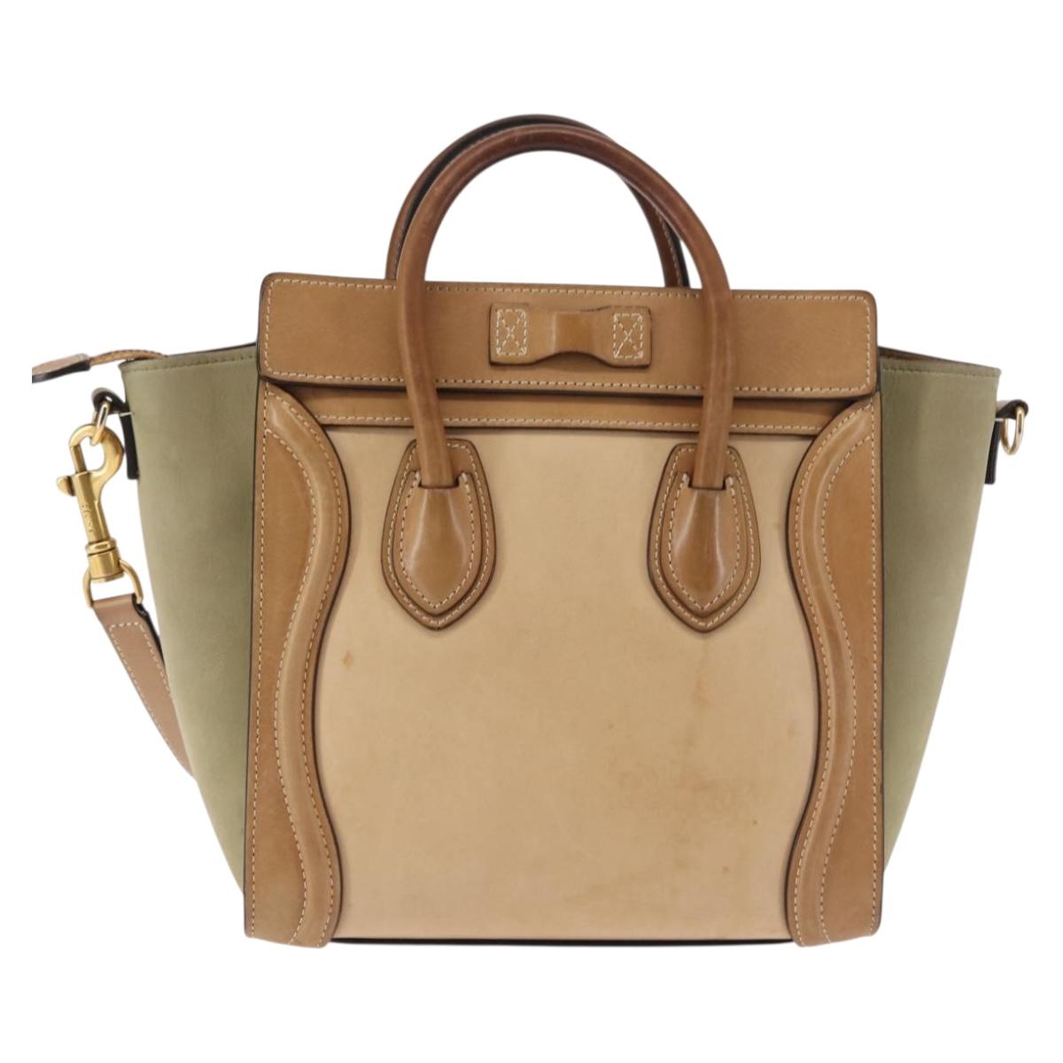 CELINE Luggage Nano Hand Bag Leather 2way Beige Auth hk3114