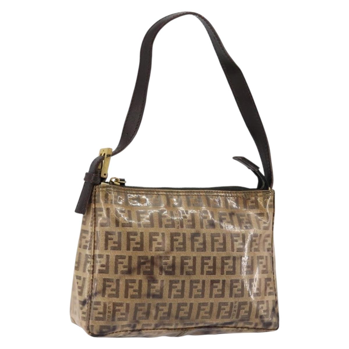 FENDI Zucchino Canvas Hand Bag Enamel Brown Gold Auth hk3118