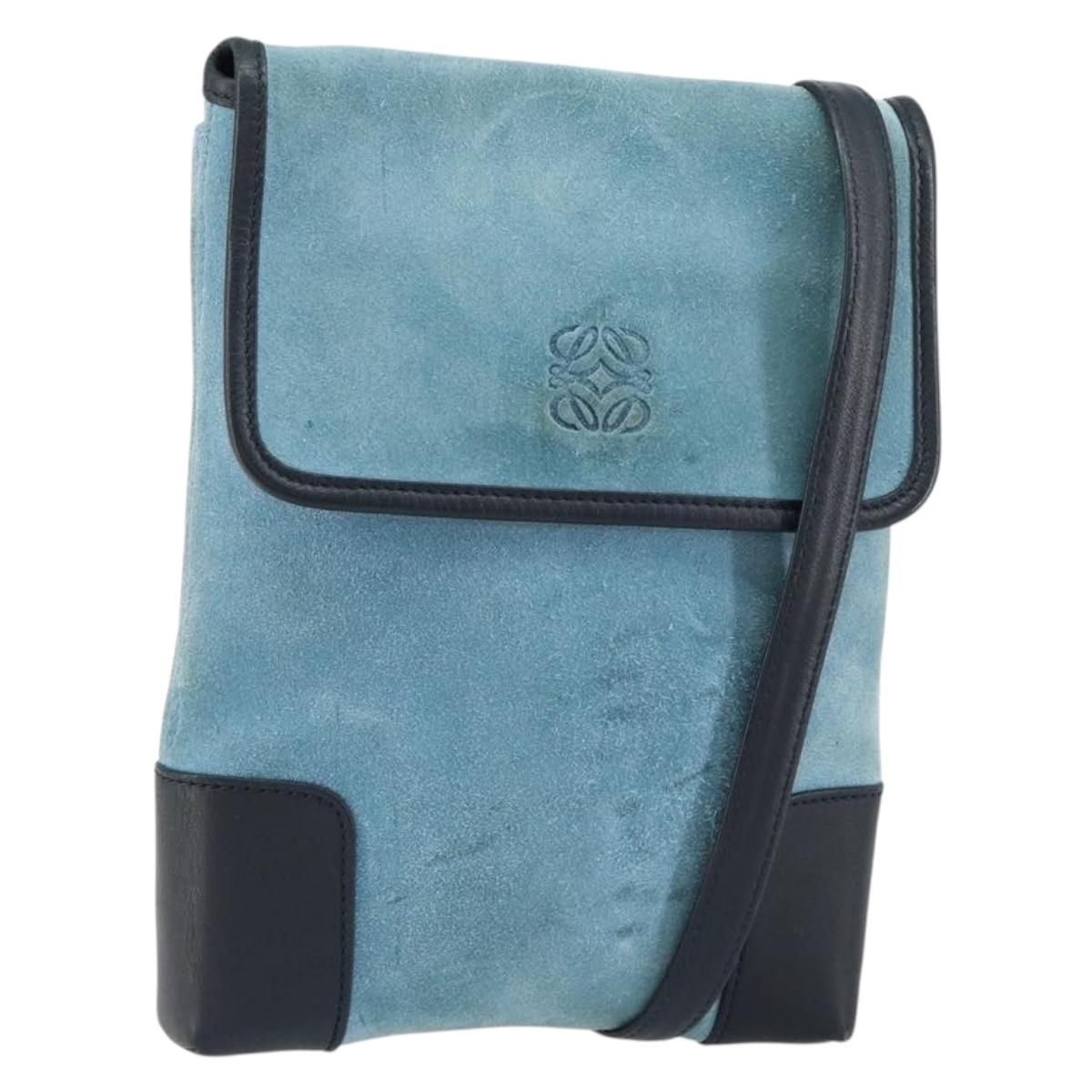 LOEWE Anagram Shoulder Bag Suede Leather Light Blue Navy Auth hk3179