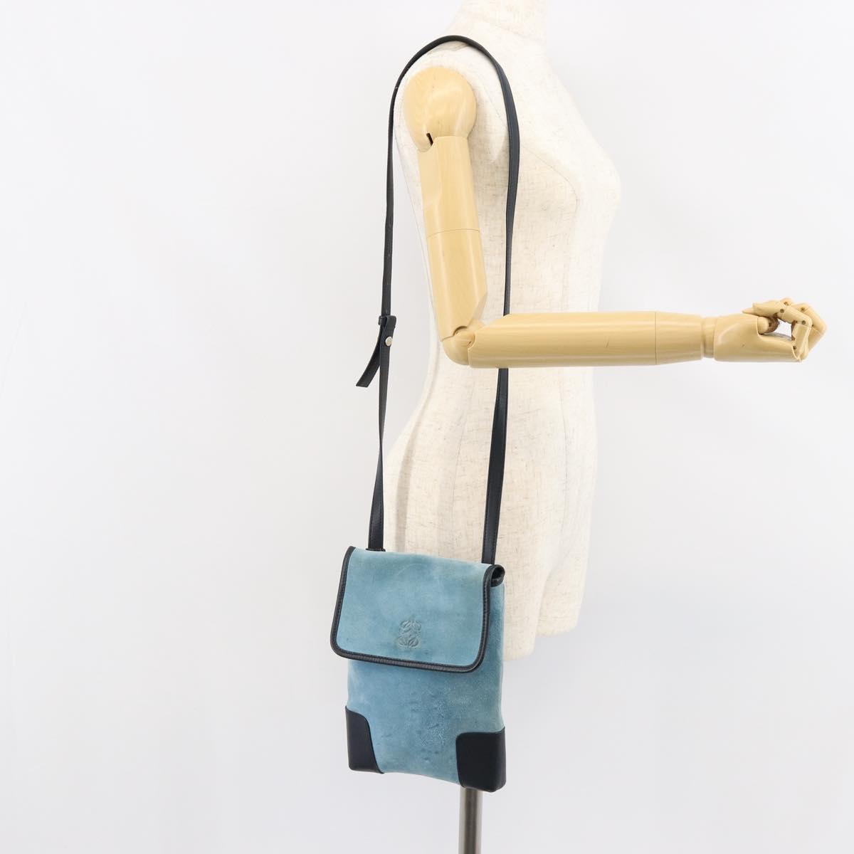 LOEWE Anagram Shoulder Bag Suede Leather Light Blue Navy Auth hk3179