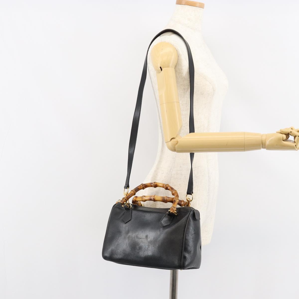 GUCCI Bamboo Hand Bag Leather 2way Black Gold 000 122 0294 Auth hk3185