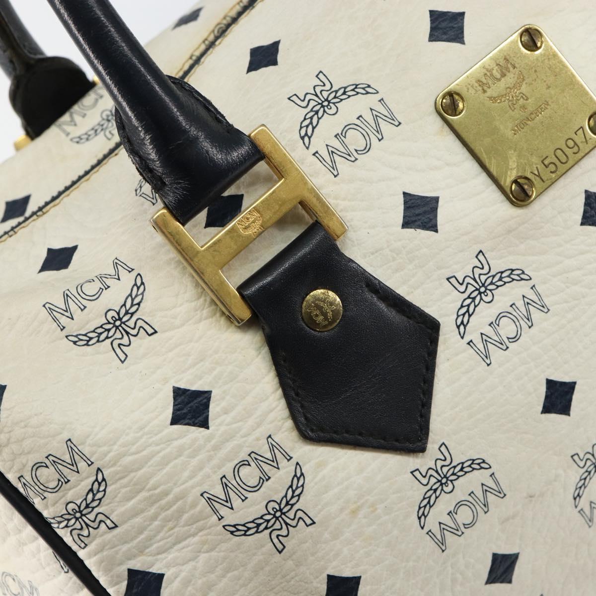 MCM Logogram Vicetos Boston Bag PVC Leather White Gold Auth hk3189