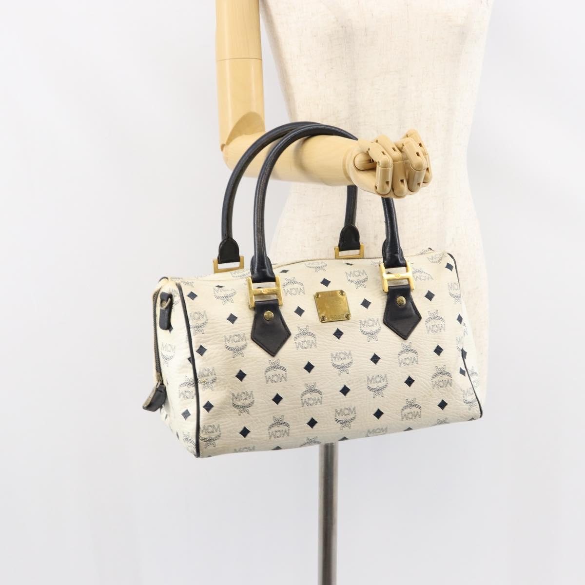 MCM Logogram Vicetos Boston Bag PVC Leather White Gold Auth hk3189