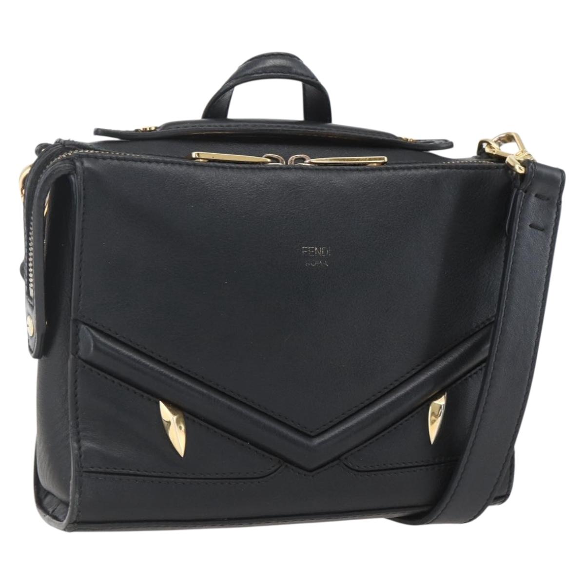 FENDI Monster Bugs Eye Hand Bag Leather 2way Black Gold Auth hk3297