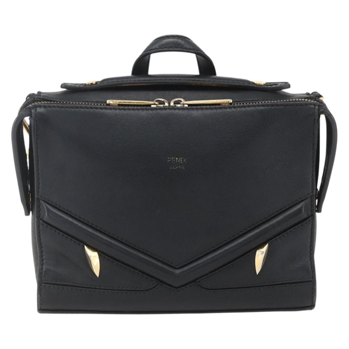 FENDI Monster Bugs Eye Hand Bag Leather 2way Black Gold Auth hk3297
