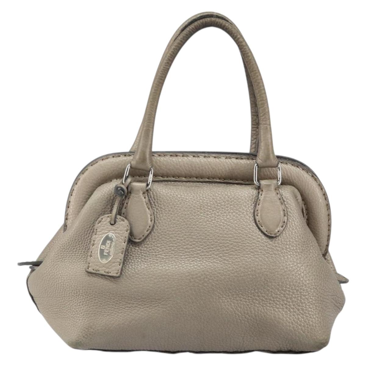 FENDI Celeria Hand Bag Leather Beige Silver Auth hk3299