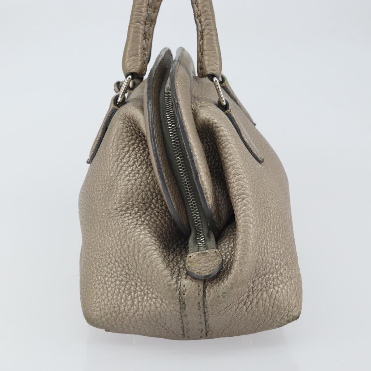 FENDI Celeria Hand Bag Leather Beige Silver Auth hk3299