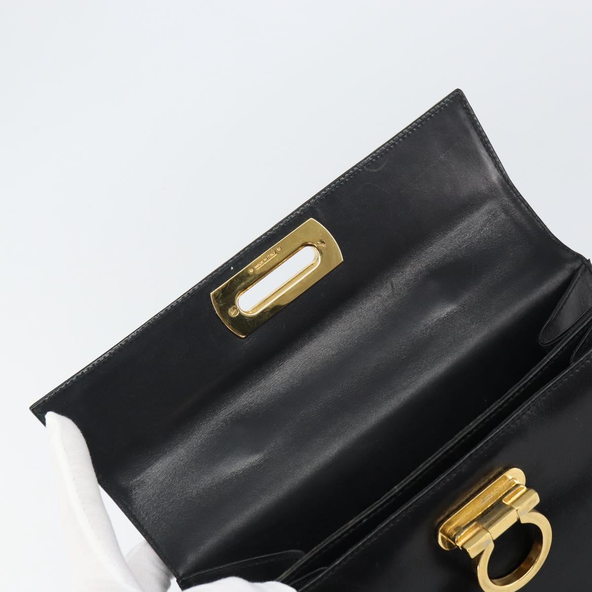 Salvatore Ferragamo Gancini Hand Bag Leather Black Gold Auth hk3303