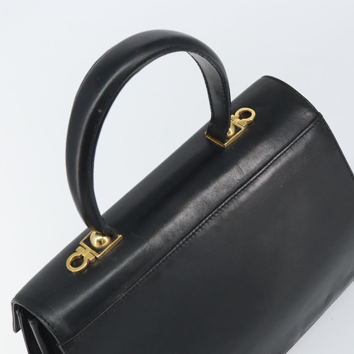 Salvatore Ferragamo Gancini Hand Bag Leather Black Gold Auth hk3303