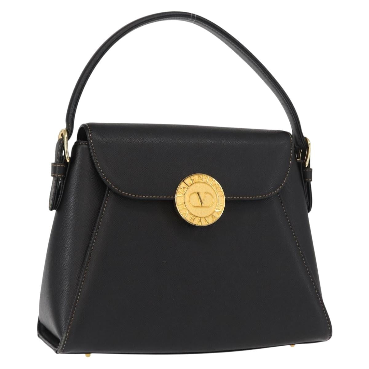 VALENTINO Hand Bag Leather Black Gold Auth hk3312