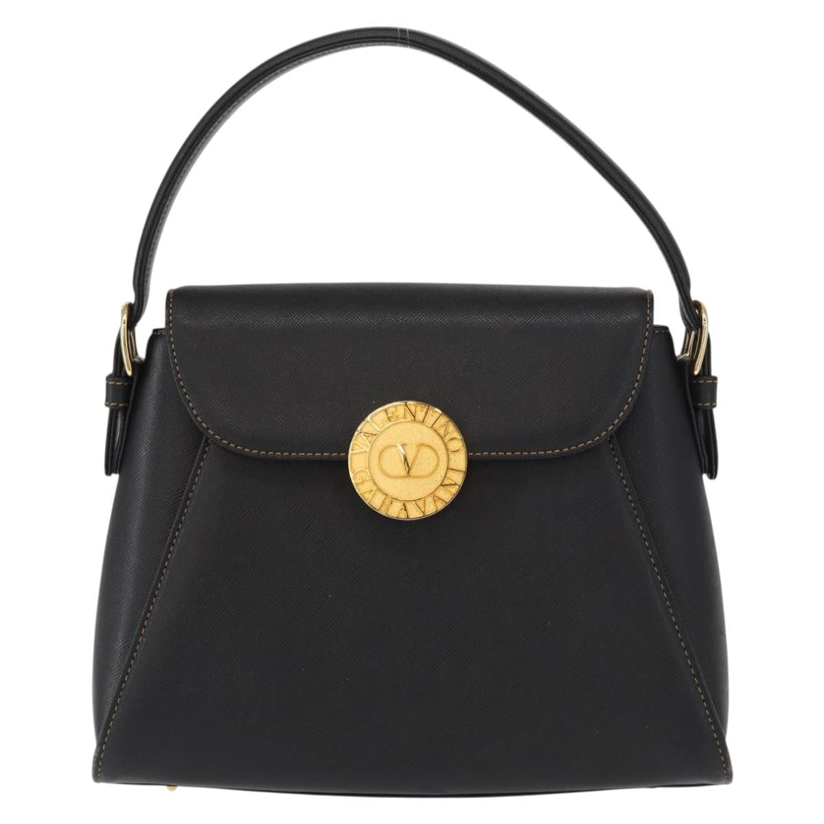 VALENTINO Hand Bag Leather Black Gold Auth hk3312