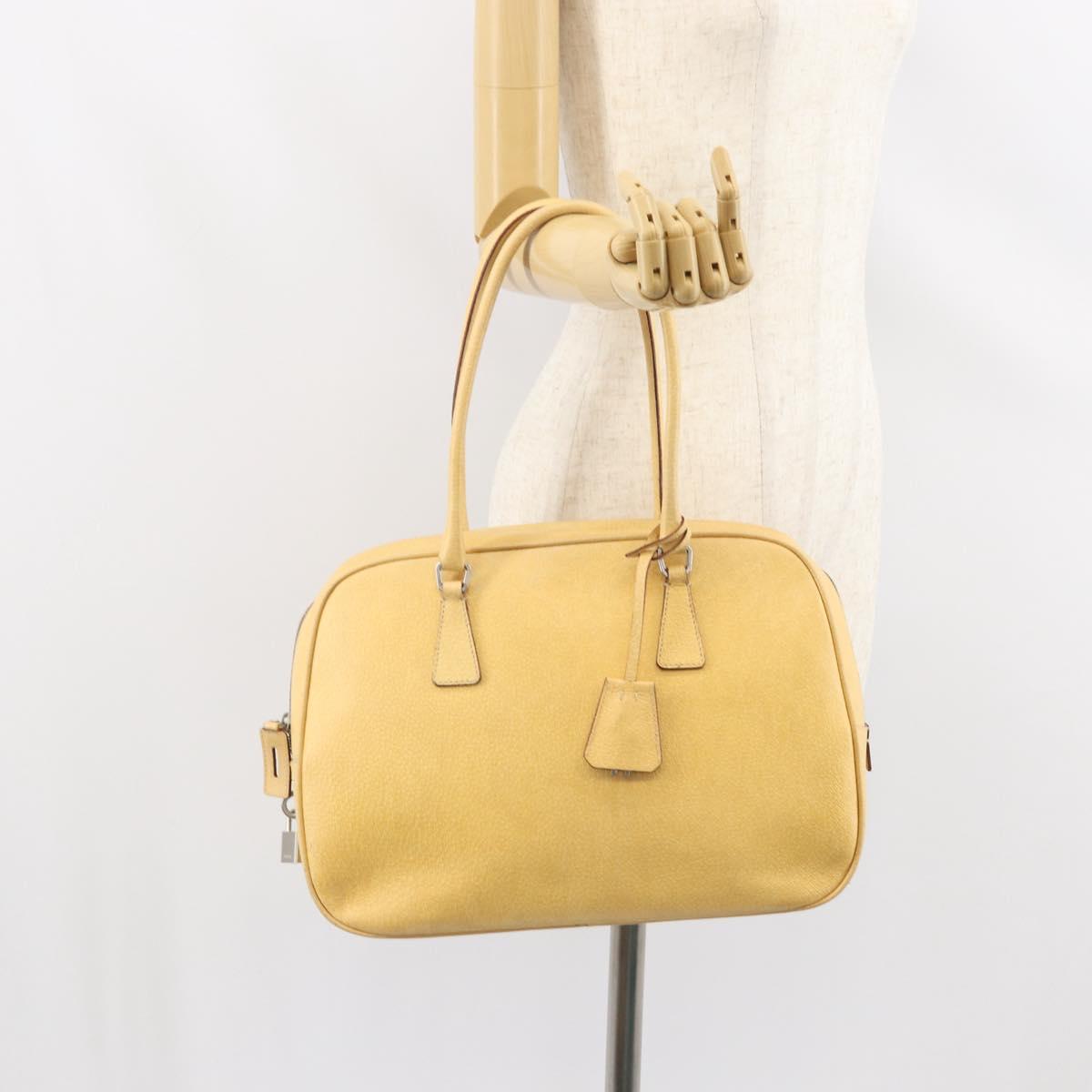 PRADA Shoulder Bag Leather Yellow Silver Auth hk3313