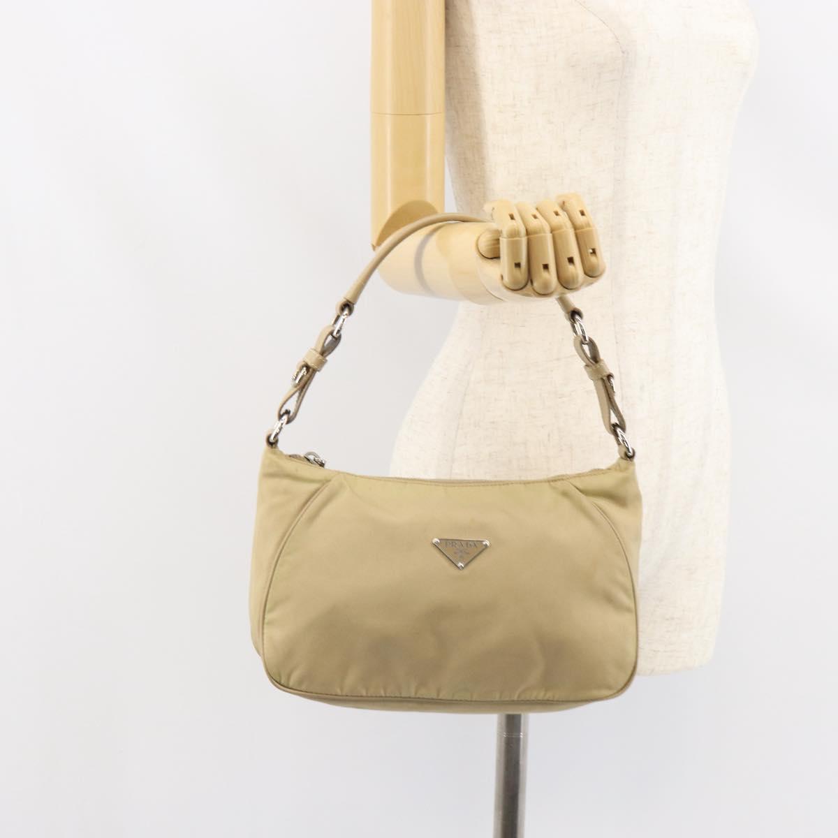 PRADA Shoulder Bag Nylon Beige Silver Auth hk3322