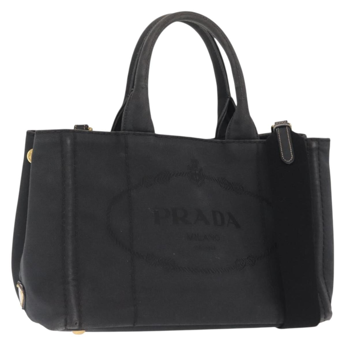 PRADA Canapa PM Hand Bag Canvas 2way Black Gold Auth hk3347