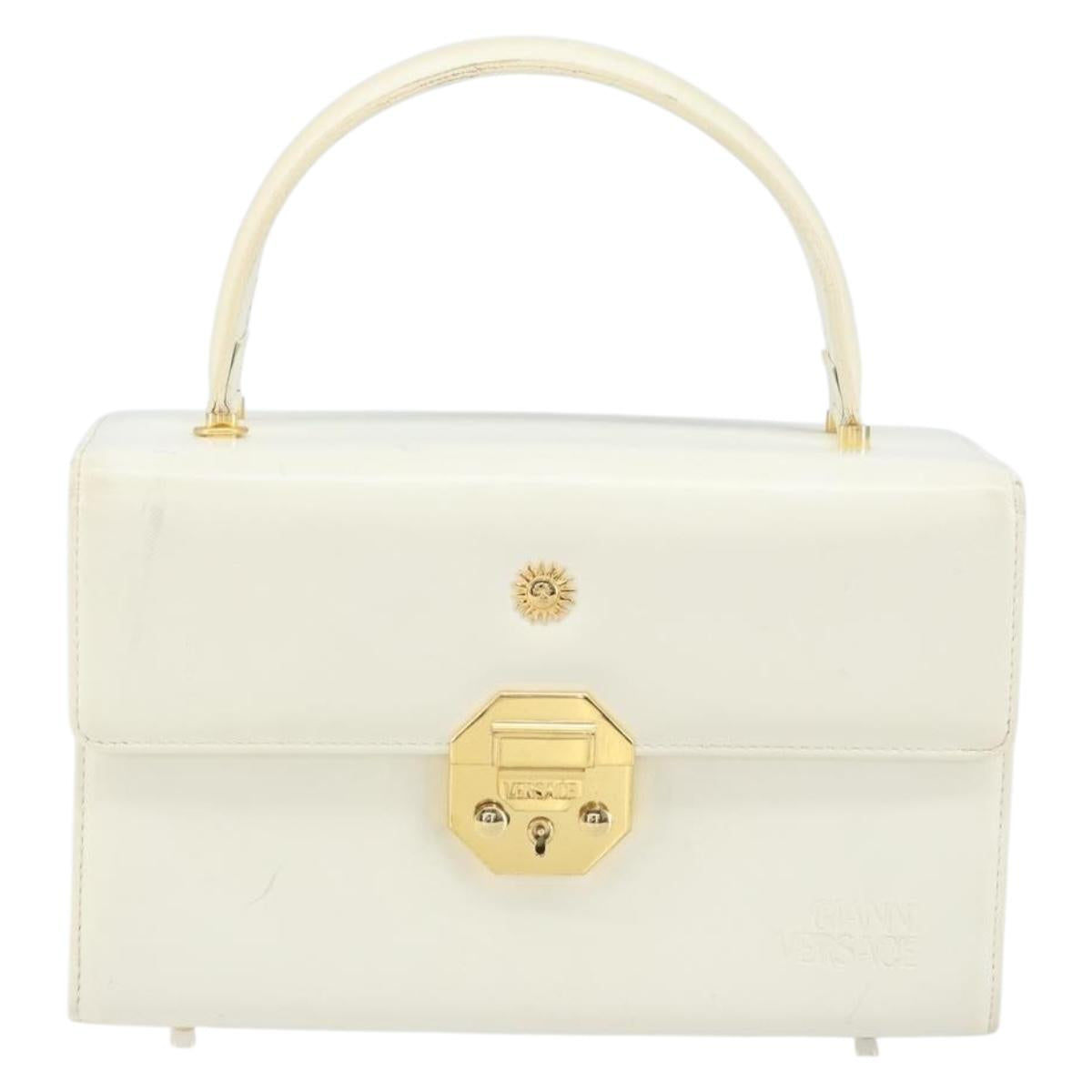 Gianni Versace Hand Bag Leather White Gold Auth hk3351