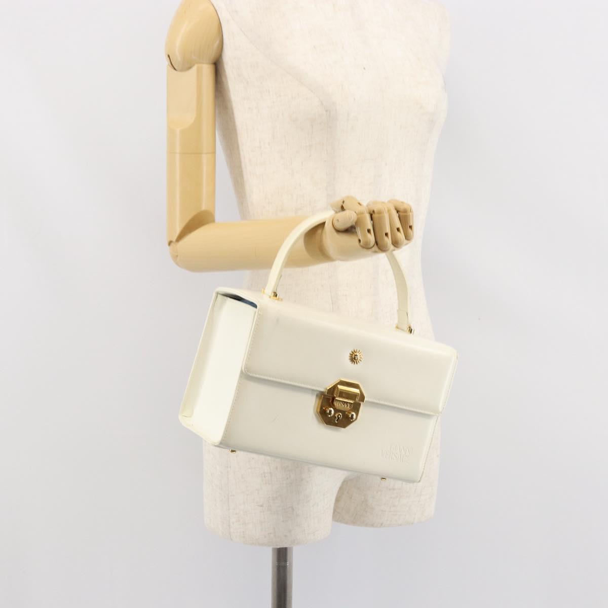 Gianni Versace Hand Bag Leather White Gold Auth hk3351
