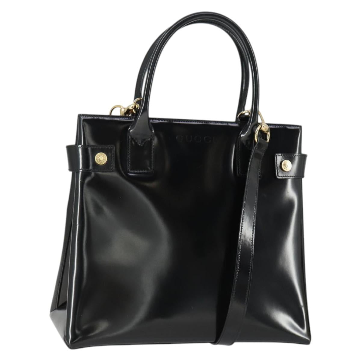 GUCCI Hand Bag Patent leather 2way Black Gold 000 1118 0503 Auth hk3363