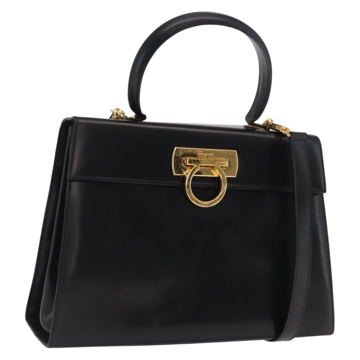 Salvatore Ferragamo Gancini Hand Bag Leather 2way Black Gold Auth hk3364
