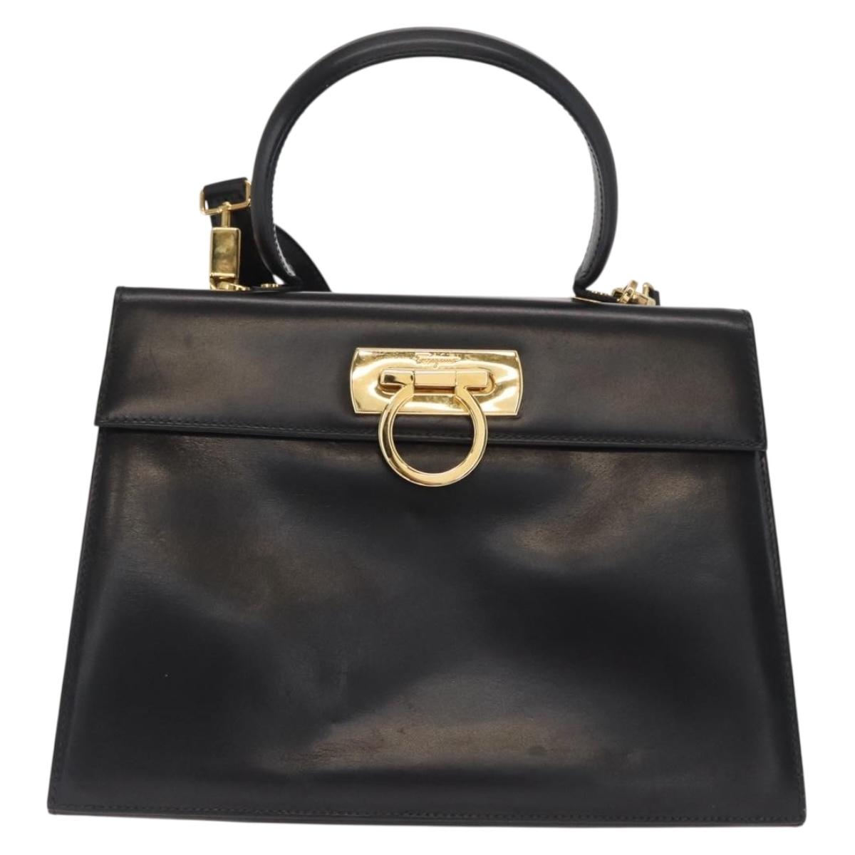 Salvatore Ferragamo Gancini Hand Bag Leather 2way Black Gold Auth hk3364