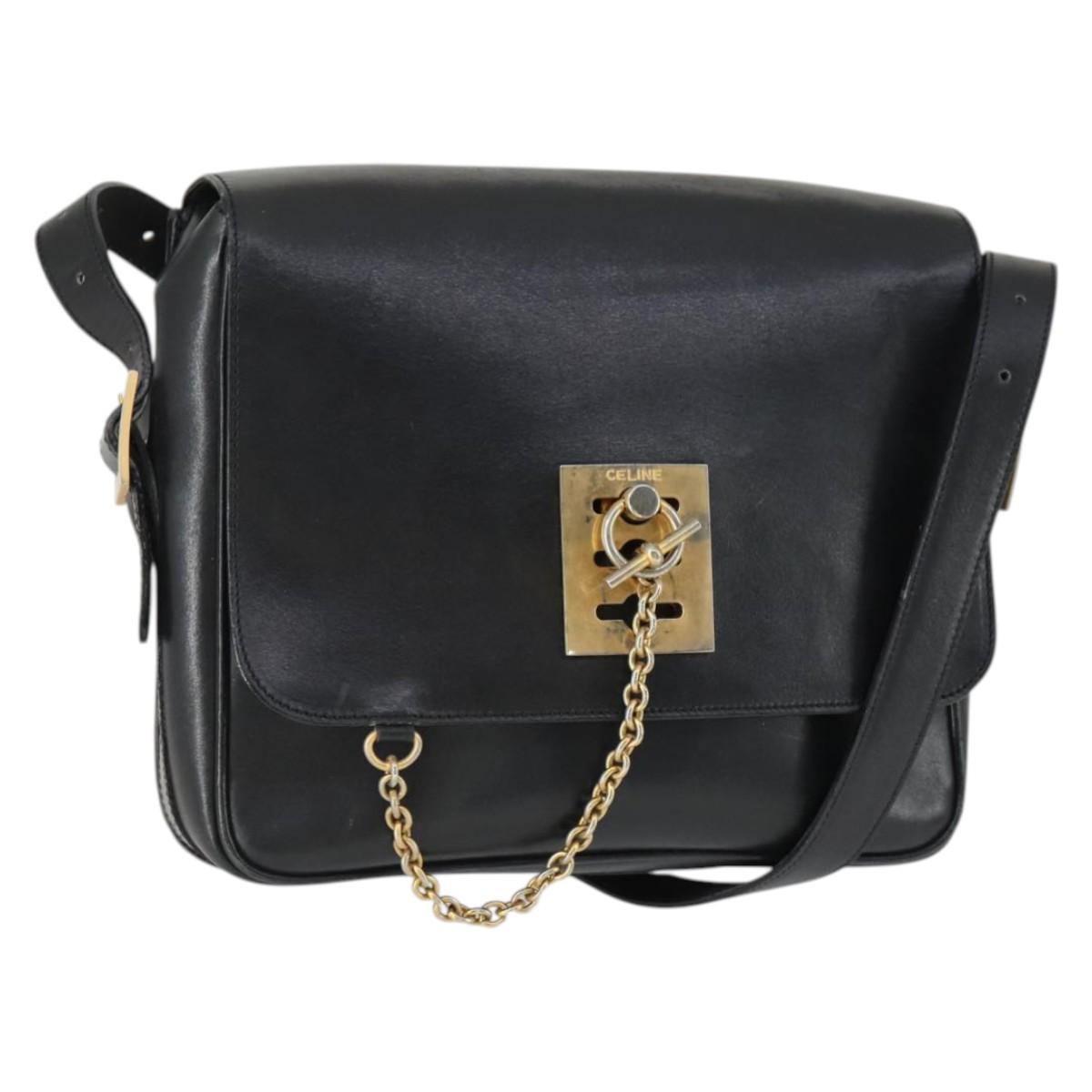 CELINE Shoulder Bag Leather Black Gold Auth hk3373