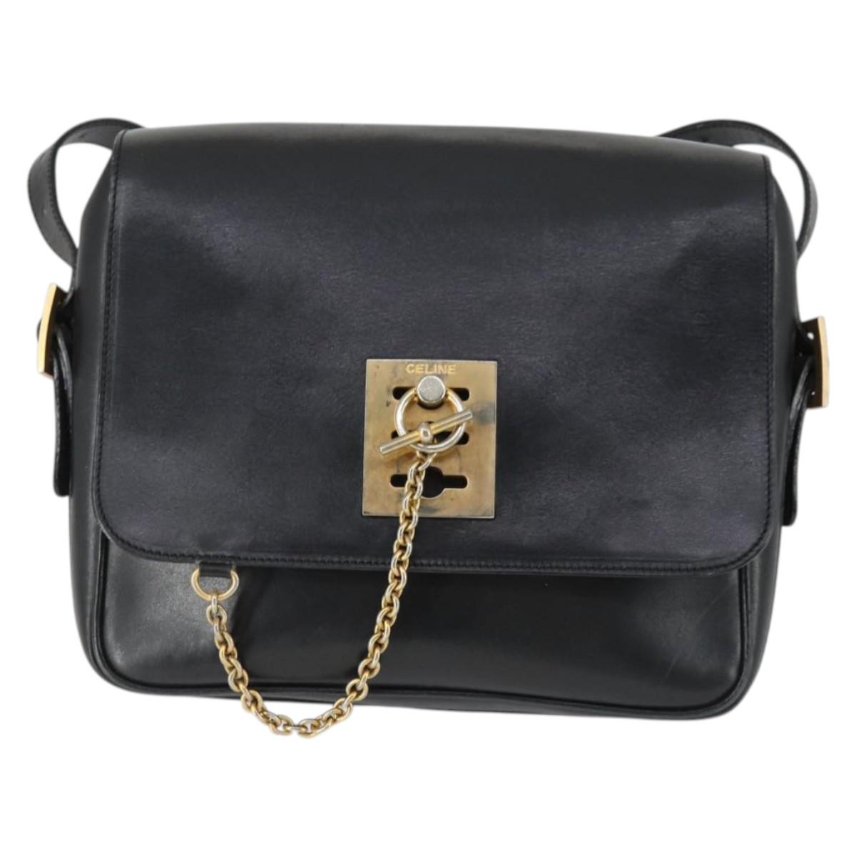 CELINE Shoulder Bag Leather Black Gold Auth hk3373