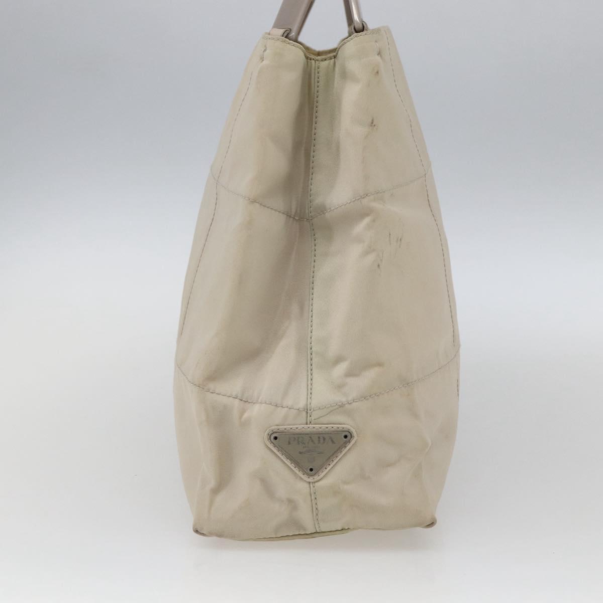 PRADA Tote Bag Nylon Beige Silver Auth hk3495