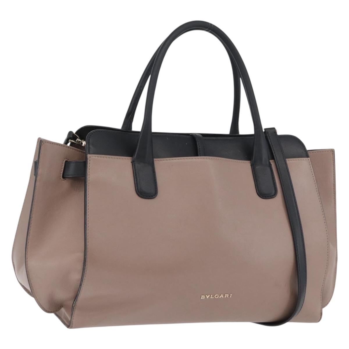 BVLGARI Hand Bag Leather 2way Gray Gold Auth hk3528
